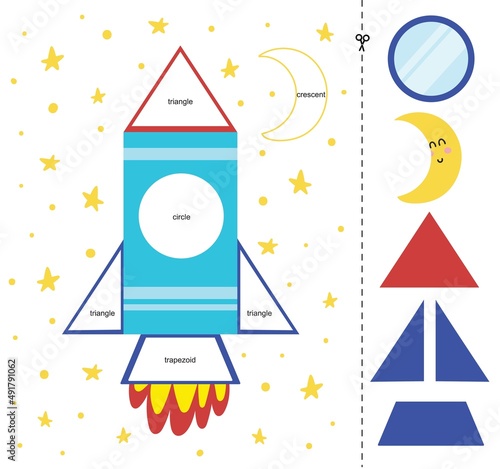 Matching game for kids with a rocket and moon. Learning geometric shapes activity page for preschool. Cut and paste worksheet for children. Vector illustration 