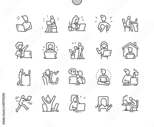 User with laptop. Remote work freelance. Home leisure. Network. Pixel Perfect Vector Thin Line Icons. Simple Minimal Pictogram