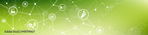 CO2 carbon emission vector illustration. Green banner with icons related to global warming, carbon reduction strategy, co2 pricing, tax or permit, emissions trading.