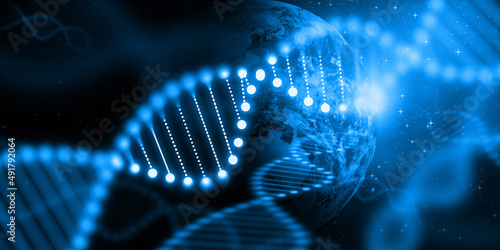 Global Scientific Research and Human Gene Genetic . Earth DNA Abstract Science Concept. Blue Background with Deoxyribonucleic Acid Structure and Earth PlanetFor 