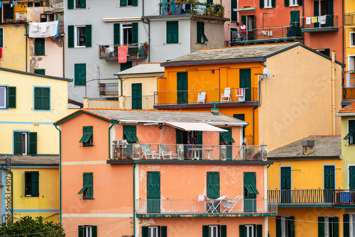 colorful house, buildings and old facade with windows in small picturesque village Manarola Cinque terre in liguria