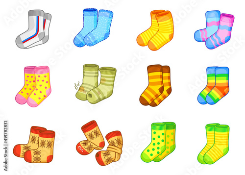 Vector icon set. Bright cartoon socks isolated ona white background