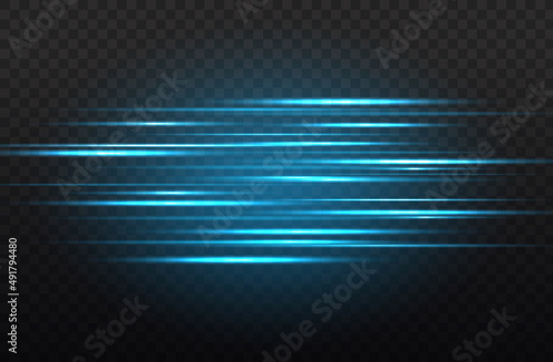Horizontal light rays, glow speed line, flash blue
