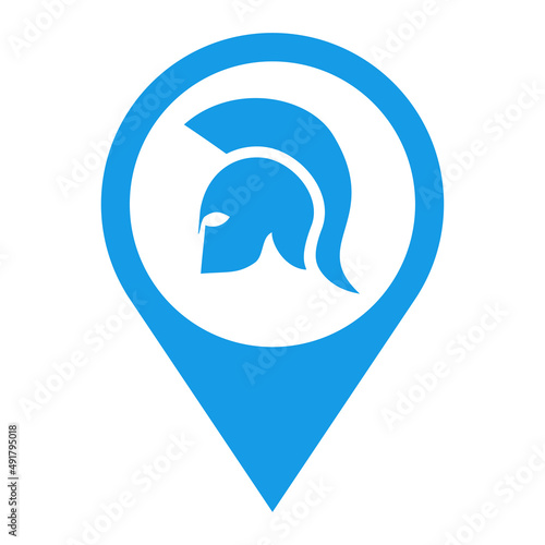 Icono plano silueta de casco de guerrero espartano en puntero de posición en color azul photo