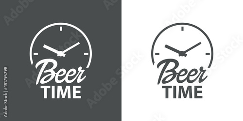 Hora feliz. Logotipo con texto manuscrito Beer Time con silueta de esfera de reloj simple en fondo gris y fondo blanco