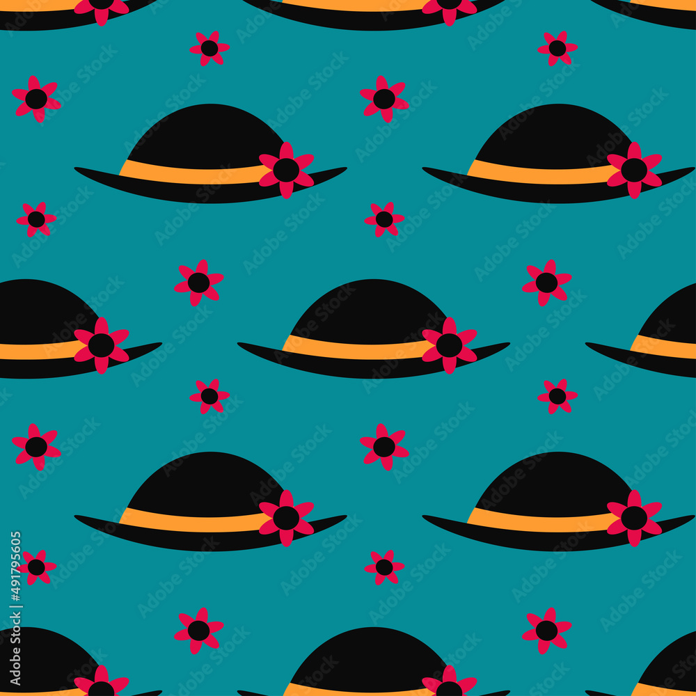Seamless pattern with hats and flowers on blue background. Design for fabric and paper, surface textures.