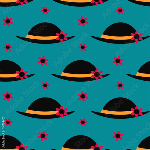 Fototapeta Naklejka Na Ścianę i Meble -  Seamless pattern with hats and flowers on blue background. Design for fabric and paper, surface textures.