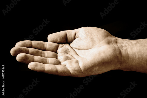 Hands begging for help. Empty hand isolated. Charity symbol gesture background. Man asking for money. Waiting for salvation. God have mercy on us people. Stop the war background.