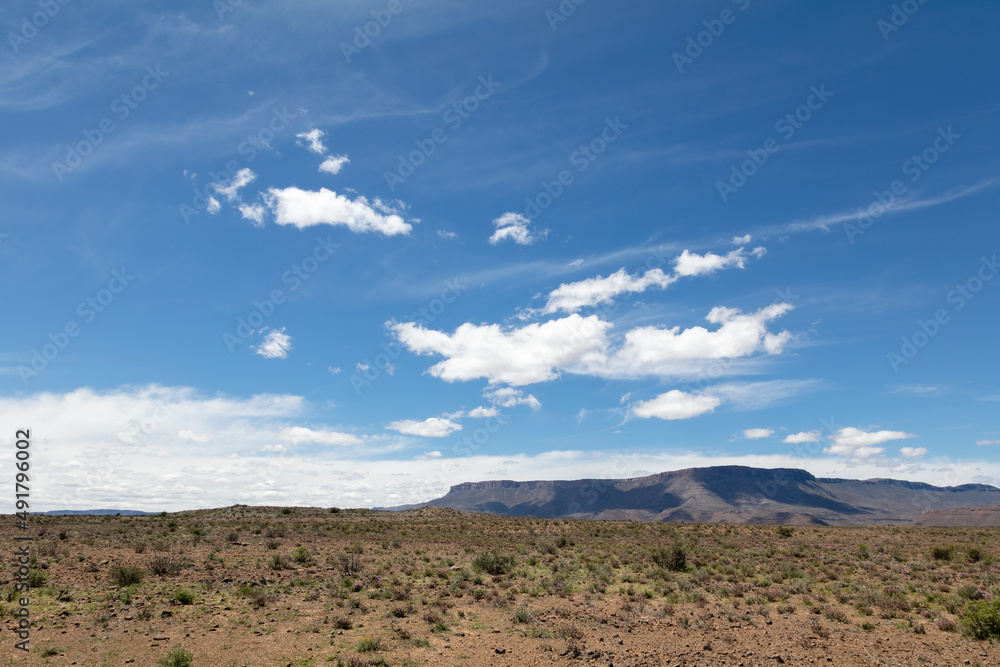 A view of the wide, open and arid Karoo with mountains in the distance and blue sky with white clouds