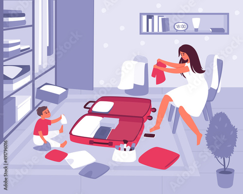 Mom with a baby in the room collects a suitcase for the road. The kid watches as his mother packs a suitcase. The woman is going on vacation. Flat vector illustration.