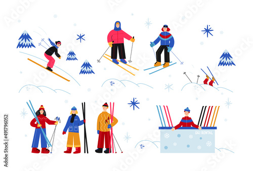 Vector illustration with skiing people. Illustration set with skiing friends at winter resort. Bright colors design.