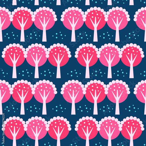 Seamless pattern with colorful pink trees on snowy blue background. Modern design for fabric and paper, surface textures.