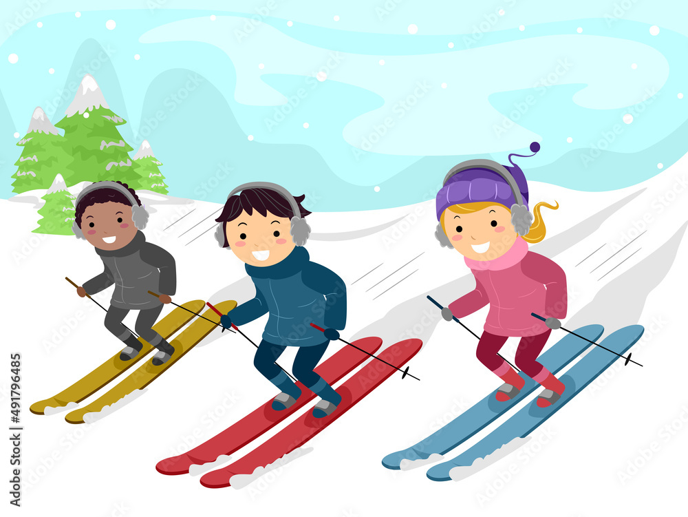 Kids Ski Boarding Sticks Ear Muffs Illustration