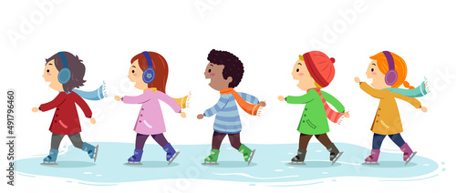 Kids Ice Skating Line Winter Scarves Illustration