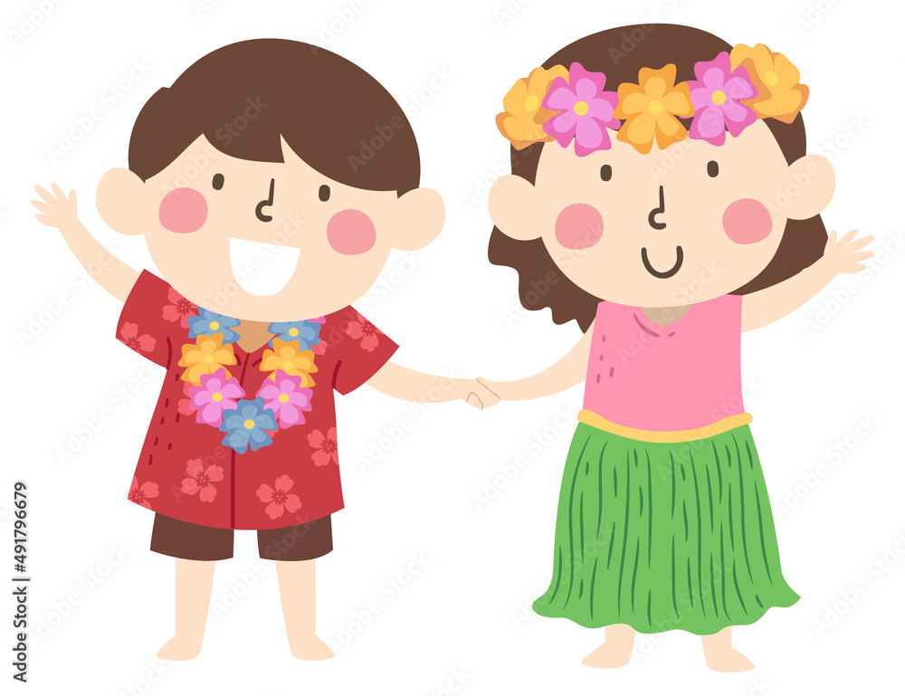 Kids Hawaiian Costume Waving Hello Illustration Kids Hawaiian Costume Waving Hello Illustration