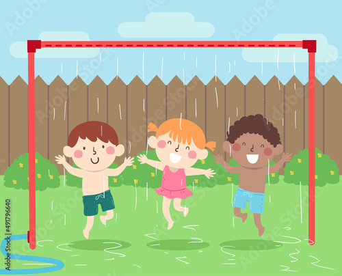 Kids Pipes Sprinkler Play Backyard Illustration