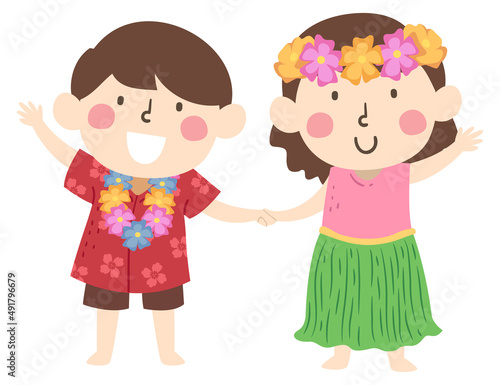 Kids Hawaiian Costume Waving Hello Illustration