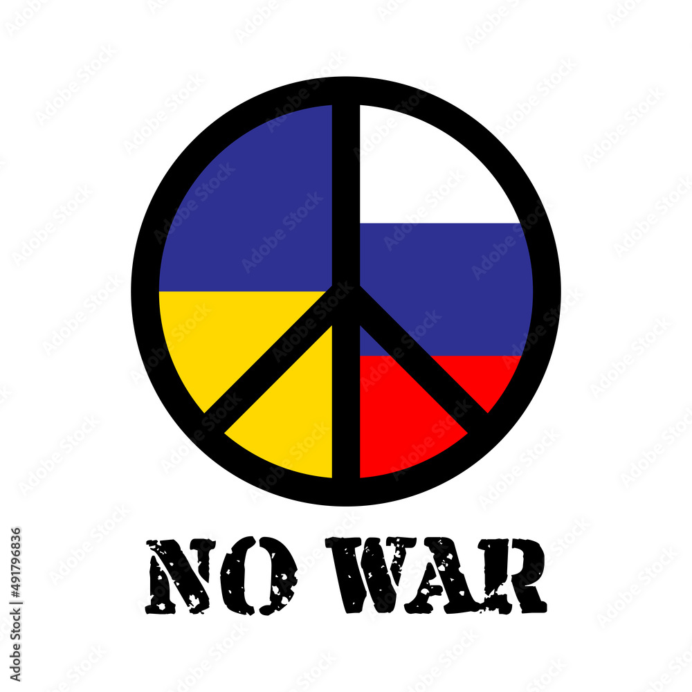 peace symbol with flag ukraine and russia, protest no war. peace symbol with flag ukraine and russia, protest no war.