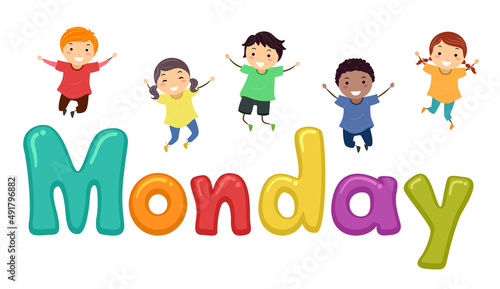 Stickman Kids Monday Jump Illustration