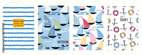 Set of cover page templates with sailing boats, anchors, lifesavers, waves. Based on seamless patterns. Headers isolated and replaceable. Perfect for school notebooks, diaries