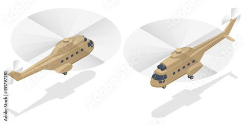 Isometric Military helicopter vector. Transport helicopter flying