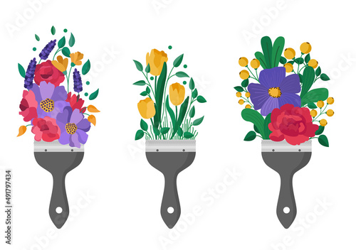 Brush paints with flowers set, spring concept