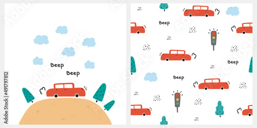 Cute seamless baby vector card and pattern with red car and traffic light