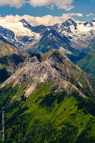 The landscape of main mountain ridge in Stubai Alps in summer. 