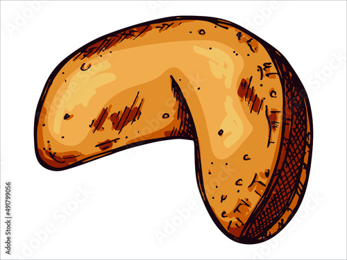 Vector hand drawn chinese fortune cookies isolated on white backgrounds. Food illustration. Crisp cookie with a blank piece of paper inside. For print, web, design, decor, logo.