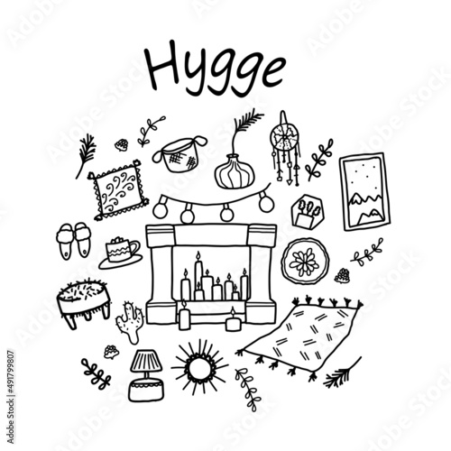 Hygge set in doodle style. Scandinavian style. A set of cute things for hygge decor.