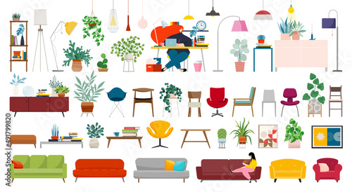 Set of furniture and decorations for house. Colorful stickers with sofas, armchairs, paintings, potted flowers, lamps and bookcase. Cartoon flat vector collection isolated on white background