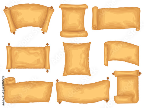 Old paper scroll and parchment cartoon vector set of blank ancient papyrus or antique manuscript on wood rods. Historical vintage scrolls vector set. Papyrus for religious scripture, aged certificate