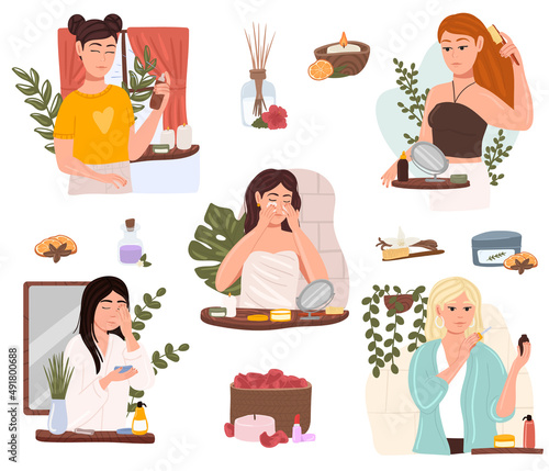 Beauty Girl Take Care of her Face and Applying Cosmetic Serum Oil. Women making facial massages, self care routine, moisturizing and hygiene, natural herbal products
