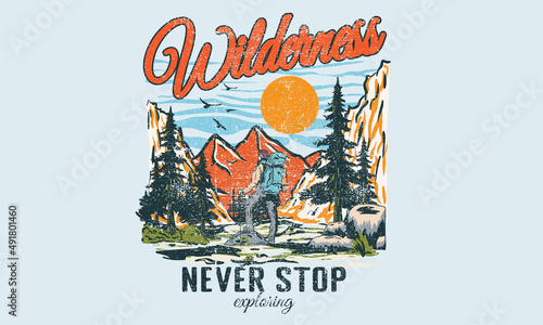Mountain adventure print design for t shirt. Wilderness retro artwork for poster, sticker, apparel and others. 