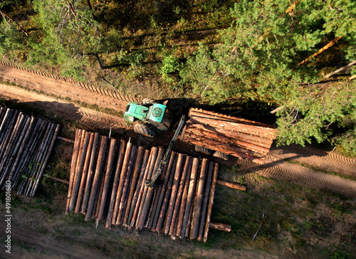 Crane forwarder machine during clearing of forested land. Wheeled harvester transports raw timber from felling site out. Harvesters, Forest Logging machines. Forestry forwarder on deforestation. photo