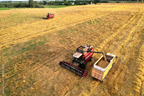 Combine harvester on spring wheat harwesting. Wheat and winter barley yields. Wheat, maize, soybeans. Harvester loads grain in dump truck for transportation to a flour and bread plant. Grain market.. photo