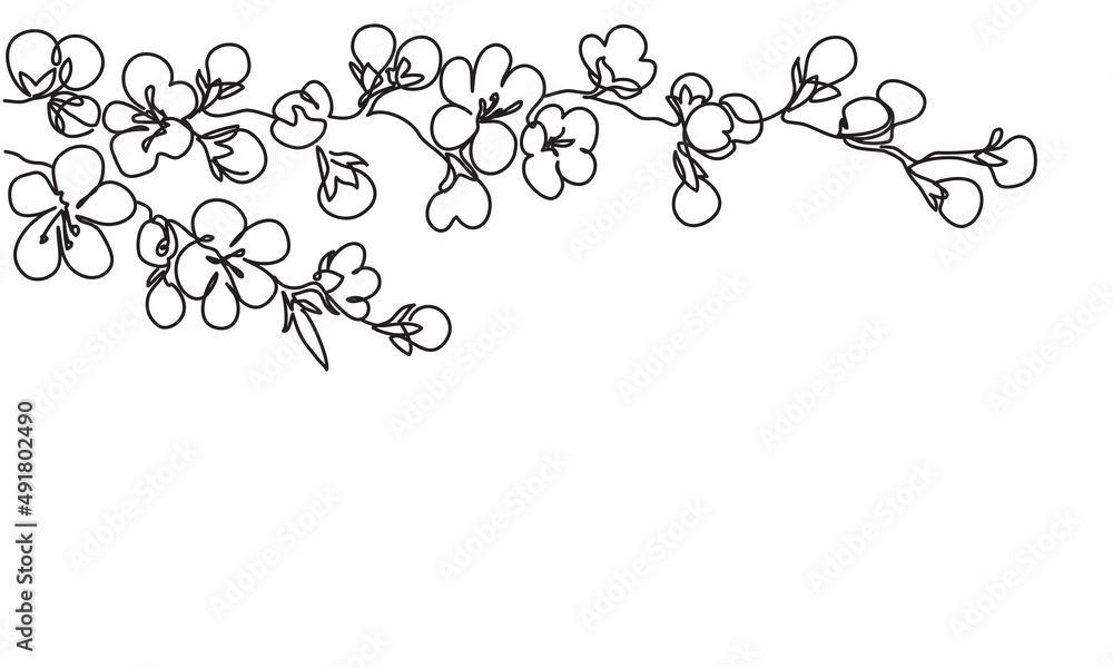 Blooming spring branch. Horizontal branch of cherry blossom. Spring floral abstract nature background. Vector sketch. Line drawing.