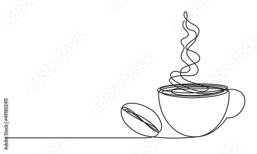 Cup of coffee and coffee bean. Hot. Aroma of coffee. Continuous line drawing.
