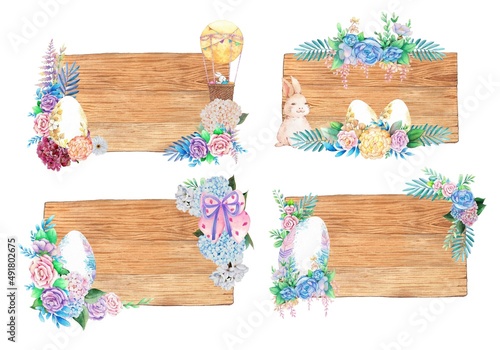 Photography Watercolor wooden signboards with spring easter decoration
