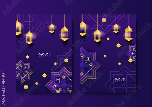 Trendy islamic ramadan greeting card and poster background template with mosque, lantern, pattern, and crescent. Design for iftar invitation, ramadhan mubarak kareem. Vector illustration