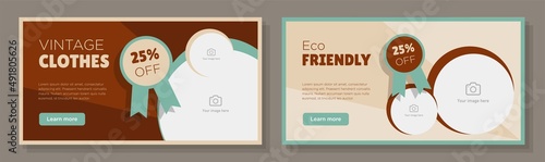 Vintage clothing store online banner template set, second hand clothes advertisement, horizontal ad, retro fashion campaign webpage, flyer, creative brochure, isolated on background