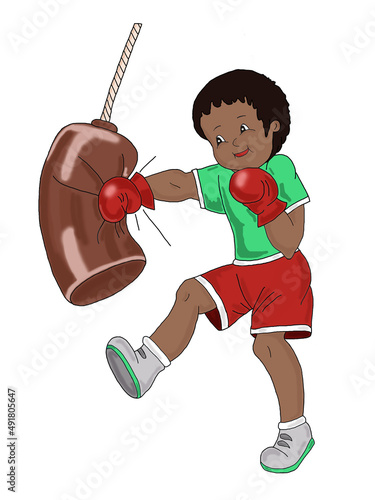 The boy is boxing on a white background. Illustration. Hand  drawn. Closeup. Template.