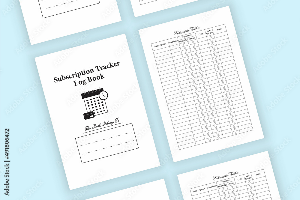 Fototapeta premium Subscription planner KDP interior journal. Monthly subscription expense tracker logbook. KDP interior notebook. Personal subscription info planner logbook template. Subscription tracker KDP interior.