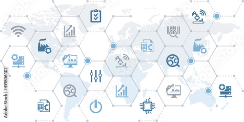 Process automation vector illustration. Concept with connected icons related to optimization of manufacturing or production processes, automated industrial machines, operation management.