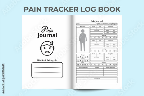 Pain tracker KDP interior journal. Body pain information and medicine planner template. KDP interior logbook. Human body pain and other symptoms tracker KDP interior. Pain killer routine logbook.
