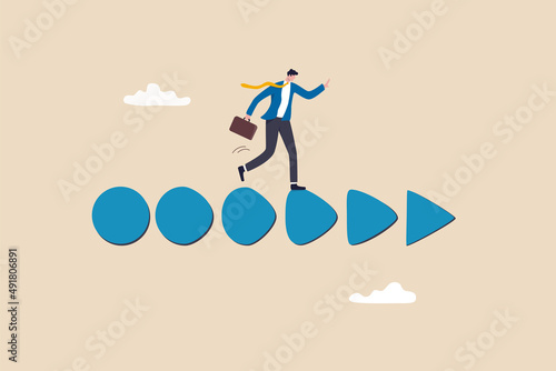 Business transformation change or develop into new company, improvement plan, progress or growth concept, confidence businessman business owner walk on circle transform to triangle forward arrow.
