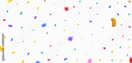 Multicolor confetti and tinsel explosion on a transparent background. Festival and party celebration frame elements vector. Colorful confetti and tinsel blast for carnival or birthday background.