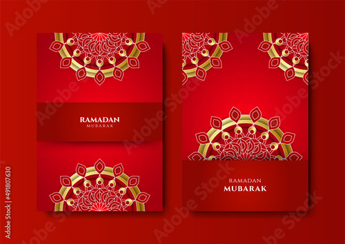 Trendy islamic ramadan red greeting card and poster background template with mosque, lantern, pattern, and crescent. Design for iftar invitation, ramadhan mubarak kareem. Vector illustration