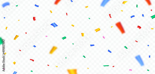 Multicolor confetti falling on a transparent background. Festival and party elements vector. Colorful confetti and tinsel explosion for carnival or birthday celebration background.