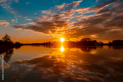 Beautiful sunset with reflections near Plattling  Isar  Bavaria  Germany